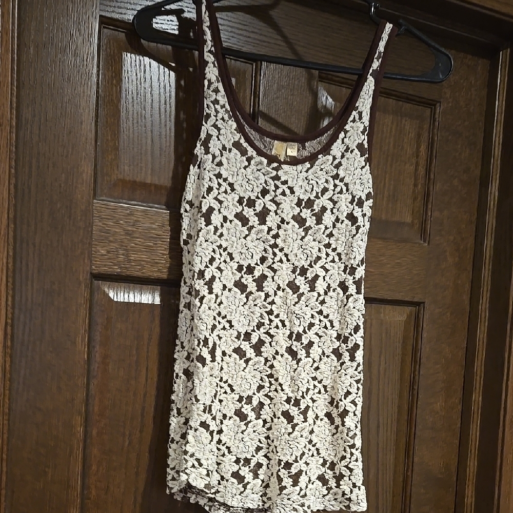 BKE Brown & Cream Mesh Lace Tank Top